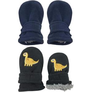 imageNIce Caps Baby Toddler Mittens Kids 2 Pairs Fleece Gloves Winter Warm Sherpa LinedBlack DinosNavy Solid  Infant No Thumbs