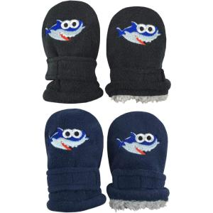 imageNIce Caps Baby Toddler Mittens Kids 2 Pairs Fleece Gloves Winter Warm Sherpa LinedBlack SharksNavy Sharks  Infant No Thumbs