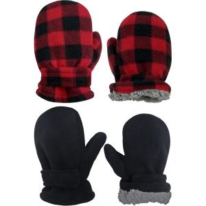imageNIce Caps Baby Toddler Mittens Kids 2 Pairs Fleece Gloves Winter Warm Sherpa LinedBlackRed Buffalo Plaid