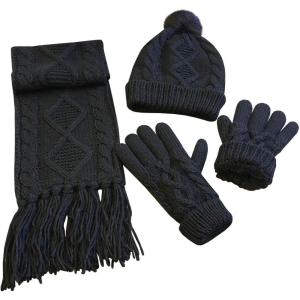 imageNIce Caps Womens Winter Glove Hat Scarf 3 Piece Set Cable Knit Sherpa Lined TouchscreenBlack Set
