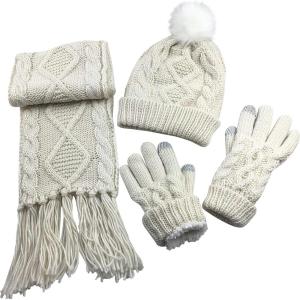imageNIce Caps Womens Winter Glove Hat Scarf 3 Piece Set Cable Knit Sherpa Lined TouchscreenWinter White Set
