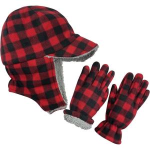 imageNIce Caps Boys Kids Hat Gloves Winter Set Fleece Brim Warm Sherpa LinedRedBlack Buffalo Plaid