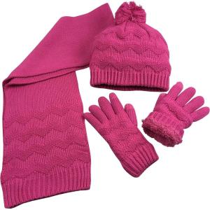 imageNIce Caps Girls Gloves Hat Scarf Winter Kids 3 Piece Set Cable Knit Warm Sherpa LinedFuchsia 1