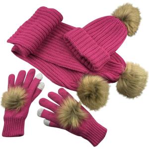 imageNIce Caps Girls Gloves Hat Scarf Winter Kids 3 Piece Set Cable Knit Warm Sherpa LinedFuchsia Faux Fur