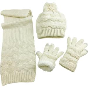 imageNIce Caps Girls Gloves Hat Scarf Winter Kids 3 Piece Set Cable Knit Warm Sherpa LinedWhite Cream