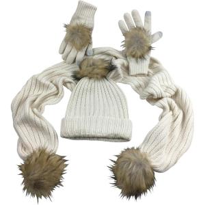 imageNIce Caps Girls Gloves Hat Scarf Winter Kids 3 Piece Set Cable Knit Warm Sherpa LinedWinter White Faux Fur