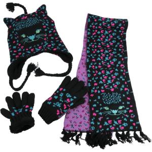 imageNIce Caps Kids Hat Glove Scarf Girls Winter Knit Accessory Set Warm Sherpa Lined 3 PieceBlack Kitten