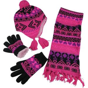 imageNIce Caps Kids Hat Glove Scarf Girls Winter Knit Accessory Set Warm Sherpa Lined 3 PieceFuchsiaBlackNeon Pink