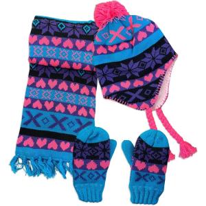 imageNIce Caps Kids Hat Glove Scarf Girls Winter Knit Accessory Set Warm Sherpa Lined 3 PiecePurpleNeon PinkTurq Mittens