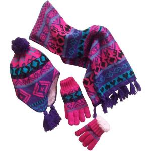 imageNIce Caps Kids Hat Glove Scarf Girls Winter Knit Accessory Set Warm Sherpa Lined 3 PiecePurpleTurqFuchsiaBlack