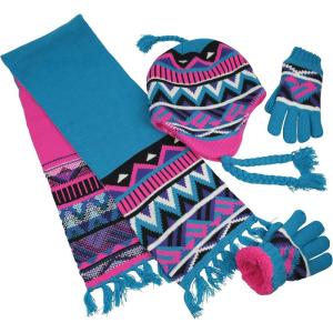 imageNIce Caps Kids Hat Glove Scarf Girls Winter Knit Accessory Set Warm Sherpa Lined 3 PieceTurq Black