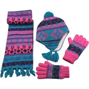 imageNIce Caps Kids Hat Glove Scarf Girls Winter Knit Accessory Set Warm Sherpa Lined 3 PieceTurqFuchsiaPurple
