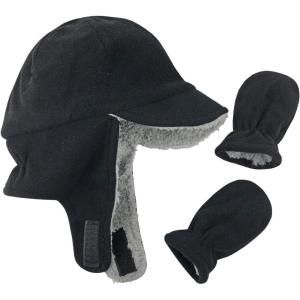 imageNIce Caps Little Kids Boys Baby Fleece Flap Hat Mitten Winter Set Sherpa Lined Toddler InfantBlack Infant 1