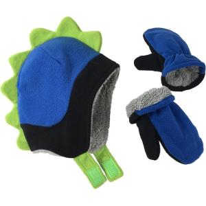 imageNIce Caps Toddler Baby Hat Mitten Set Boys Dino Fleece Gloves Warm Sherpa LinedBlackRoyalNeon Green Dino