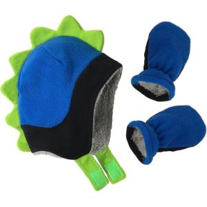 imageNIce Caps Toddler Baby Hat Mitten Set Boys Dino Fleece Gloves Warm Sherpa LinedBlackRoyalNeon Green Dino Infant
