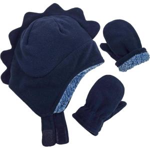 imageNIce Caps Toddler Baby Hat Mitten Set Boys Dino Fleece Gloves Warm Sherpa LinedNavy Dino