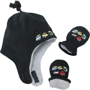 imageNIce Caps Toddler Baby Winter Hat Mitten Set  Kids Boys Girls Gloves Fleece Sherpa LinedBlack Trucks Embroidery  Infant