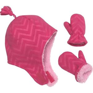 imageNIce Caps Toddler Baby Winter Hat Mitten Set  Kids Boys Girls Gloves Fleece Sherpa LinedFuchsia Embossed Chevron Print