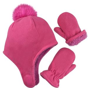 imageNIce Caps Toddler Baby Winter Hat Mitten Set  Kids Boys Girls Gloves Fleece Sherpa LinedFuchsia Poms