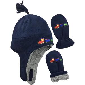 imageNIce Caps Toddler Baby Winter Hat Mitten Set  Kids Boys Girls Gloves Fleece Sherpa LinedNavy Choo Choo Train Infant