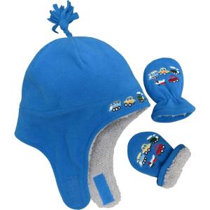 imageNIce Caps Toddler Baby Winter Hat Mitten Set  Kids Boys Girls Gloves Fleece Sherpa LinedRoyal Trucks Embroidery Infant
